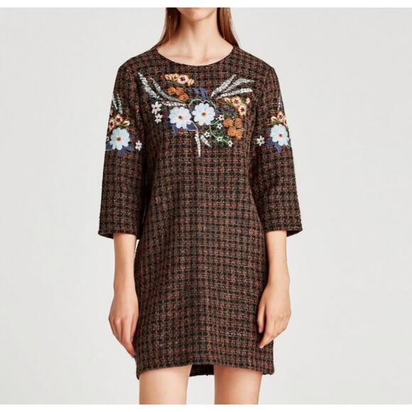 Zara Embroidered Plaid Tweed Mini Dress 3/4 Sleeves Brown Boho Twee - Picture 1 of 9